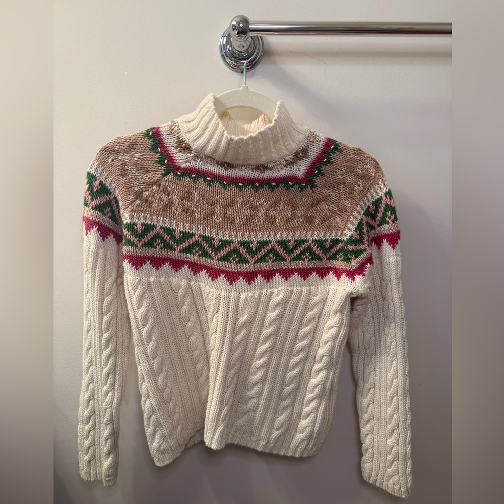 Villager Liz Claiborne Petite Knit Fair Isle Sweater Cream Multicolor Size L